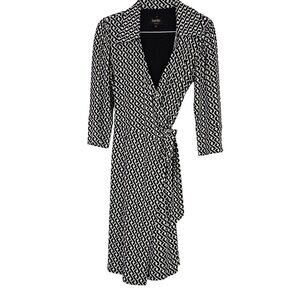 Laundry By Shelli Segal Black White Geometric Wrap Dress XS 3/4 Sleeve